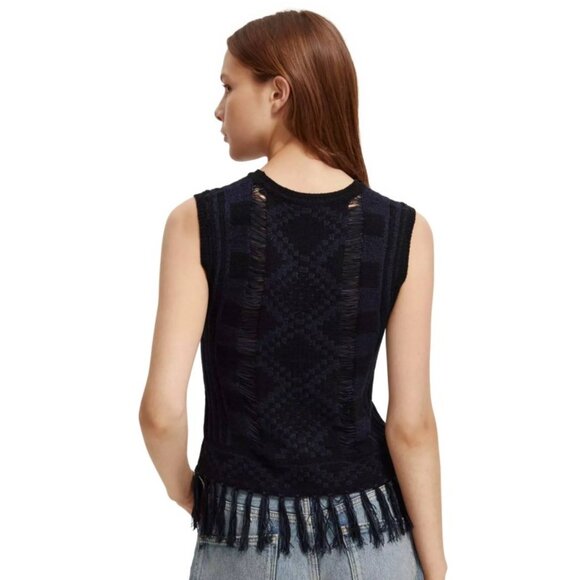 Scotch & Soda Open Knit Fringed Sleeveless Blue and Black Crew Neck Sweater Sz S - Picture 10 of 10